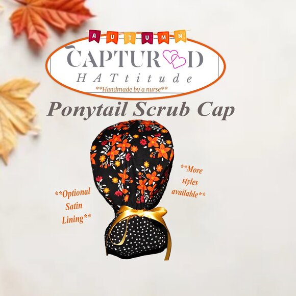 Womens Autumn Flowers Ponytail Scrub Cap, Handmade NWOT - Picture 1 of 7